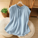 Buddha Stones Summer Casual Ruffled Collar Back Button-up Solid Women's Sleeveless Shirts