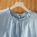 Buddha Stones Summer Casual Ruffled Collar Back Button-up Solid Women's Sleeveless Shirts
