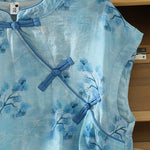 Buddha Stones Summer Elegant Mandarin Collar Side Slit Floral Print Women's Sleeveless Shirts