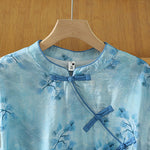 Buddha Stones Summer Elegant Mandarin Collar Side Slit Floral Print Women's Sleeveless Shirts