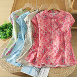Buddha Stones Summer Elegant Mandarin Collar Side Slit Floral Print Women's Sleeveless Shirts