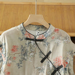 Buddha Stones Summer Elegant Mandarin Collar Side Slit Floral Print Women's Sleeveless Shirts