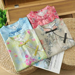 Buddha Stones Summer Elegant Mandarin Collar Side Slit Floral Print Women's Sleeveless Shirts