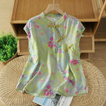 Buddha Stones Summer Elegant Mandarin Collar Side Slit Floral Print Women's Sleeveless Shirts