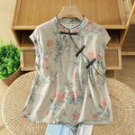 Buddha Stones Summer Elegant Mandarin Collar Side Slit Floral Print Women's Sleeveless Shirts