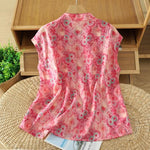 Buddha Stones Summer Elegant Mandarin Collar Side Slit Floral Print Women's Sleeveless Shirts