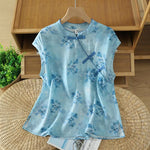 Buddha Stones Summer Elegant Mandarin Collar Side Slit Floral Print Women's Sleeveless Shirts