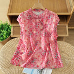 Buddha Stones Summer Elegant Mandarin Collar Side Slit Floral Print Women's Sleeveless Shirts