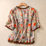 Buddha Stones Summer Vintage Crew Neck Floral Print Women's Short Sleeve T-Shirts
