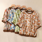 Buddha Stones Summer Vintage Crew Neck Floral Print Women's Short Sleeve T-Shirts
