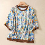 Buddha Stones Summer Vintage Crew Neck Floral Print Women's Short Sleeve T-Shirts