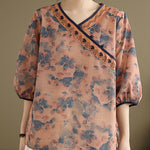 Buddha Stones Summer Vintage Floral V-Neck Women's Elbow-Length Sleeve Shirts