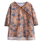 Buddha Stones Summer Vintage Floral V-Neck Women's Elbow-Length Sleeve Shirts