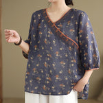 Buddha Stones Summer Vintage Floral V-Neck Women's Elbow-Length Sleeve Shirts