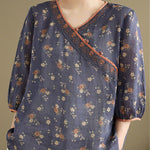 Buddha Stones Summer Vintage Floral V-Neck Women's Elbow-Length Sleeve Shirts