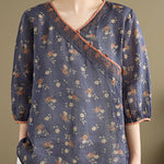 Buddha Stones Summer Vintage Floral V-Neck Women's Elbow-Length Sleeve Shirts