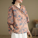Buddha Stones Summer Vintage Floral V-Neck Women's Elbow-Length Sleeve Shirts