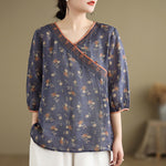 Buddha Stones Summer Vintage Floral V-Neck Women's Elbow-Length Sleeve Shirts