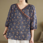 Buddha Stones Summer Vintage Floral V-Neck Women's Elbow-Length Sleeve Shirts