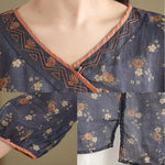 Buddha Stones Summer Vintage Floral V-Neck Women's Elbow-Length Sleeve Shirts