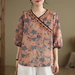 Buddha Stones Summer Vintage Floral V-Neck Women's Elbow-Length Sleeve Shirts
