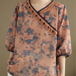 Buddha Stones Summer Vintage Floral V-Neck Women's Elbow-Length Sleeve Shirts