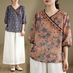 Buddha Stones Summer Vintage Floral V-Neck Women's Elbow-Length Sleeve Shirts