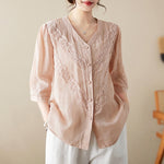 Buddha Stones Summer Solid V-Neck Lace-trimmed Women's Elbow-Length Sleeve Shirts
