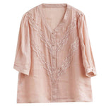 Buddha Stones Summer Solid V-Neck Lace-trimmed Women's Elbow-Length Sleeve Shirts
