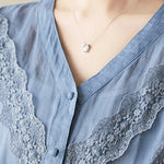 Buddha Stones Summer Solid V-Neck Lace-trimmed Women's Elbow-Length Sleeve Shirts