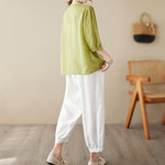 Buddha Stones Summer Solid V-Neck Lace-trimmed Women's Elbow-Length Sleeve Shirts
