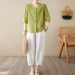 Buddha Stones Summer Solid V-Neck Lace-trimmed Women's Elbow-Length Sleeve Shirts