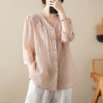 Buddha Stones Summer Solid V-Neck Lace-trimmed Women's Elbow-Length Sleeve Shirts