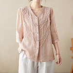 Buddha Stones Summer Solid V-Neck Lace-trimmed Women's Elbow-Length Sleeve Shirts