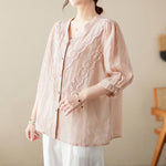 Buddha Stones Summer Solid V-Neck Lace-trimmed Women's Elbow-Length Sleeve Shirts