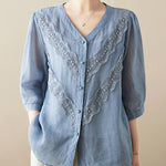 Buddha Stones Summer Solid V-Neck Lace-trimmed Women's Elbow-Length Sleeve Shirts