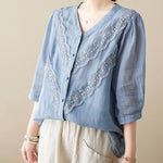 Buddha Stones Summer Solid V-Neck Lace-trimmed Women's Elbow-Length Sleeve Shirts