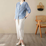 Buddha Stones Summer Solid V-Neck Lace-trimmed Women's Elbow-Length Sleeve Shirts