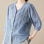 Buddha Stones Summer Solid V-Neck Lace-trimmed Women's Elbow-Length Sleeve Shirts