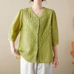 Buddha Stones Summer Solid V-Neck Lace-trimmed Women's Elbow-Length Sleeve Shirts