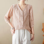 Buddha Stones Summer Solid V-Neck Lace-trimmed Women's Elbow-Length Sleeve Shirts