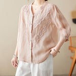 Buddha Stones Summer Solid V-Neck Lace-trimmed Women's Elbow-Length Sleeve Shirts