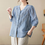 Buddha Stones Summer Solid V-Neck Lace-trimmed Women's Elbow-Length Sleeve Shirts