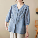 Buddha Stones Summer Solid V-Neck Lace-trimmed Women's Elbow-Length Sleeve Shirts