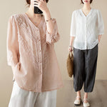 Buddha Stones Summer Solid V-Neck Lace-trimmed Women's Elbow-Length Sleeve Shirts