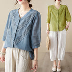 Buddha Stones Summer Solid V-Neck Lace-trimmed Women's Elbow-Length Sleeve Shirts