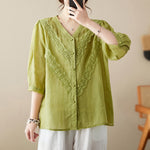 Buddha Stones Summer Solid V-Neck Lace-trimmed Women's Elbow-Length Sleeve Shirts