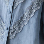 Buddha Stones Summer Solid V-Neck Lace-trimmed Women's Elbow-Length Sleeve Shirts