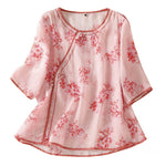 Buddha Stones Summer Frog Button Floral Crew Neck Women's Elbow-Length Sleeve Shirts