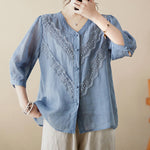 Buddha Stones Summer Solid V-Neck Lace-trimmed Women's Elbow-Length Sleeve Shirts